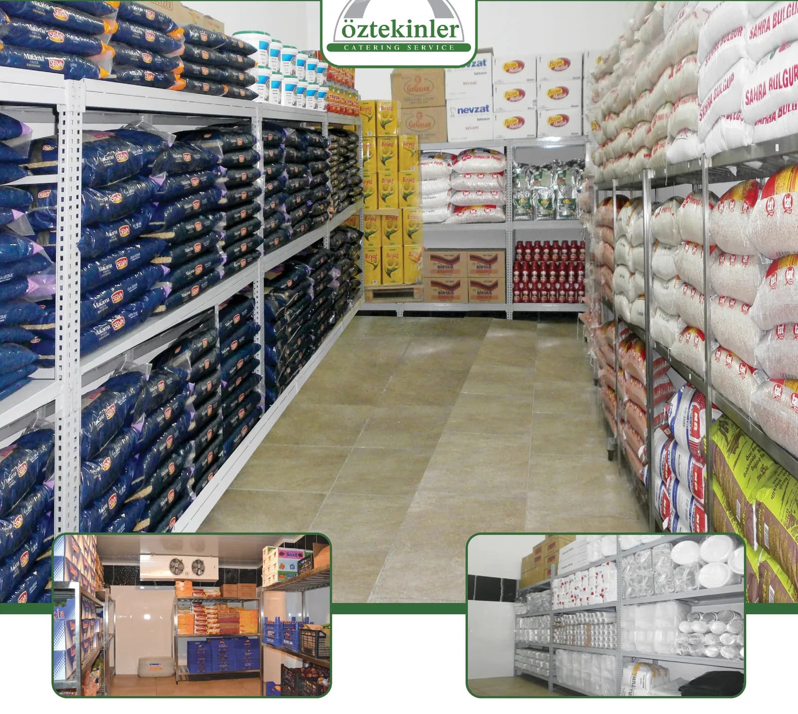 Öztekinler Yemek kuru gıda deposunda raflanmış makarna, pirinç ve bulgur stoğu